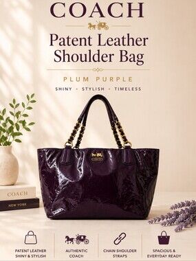 Coach Plum Purple Patent Leather Chain Tote Bag Large Hangtag Shoulder Bag